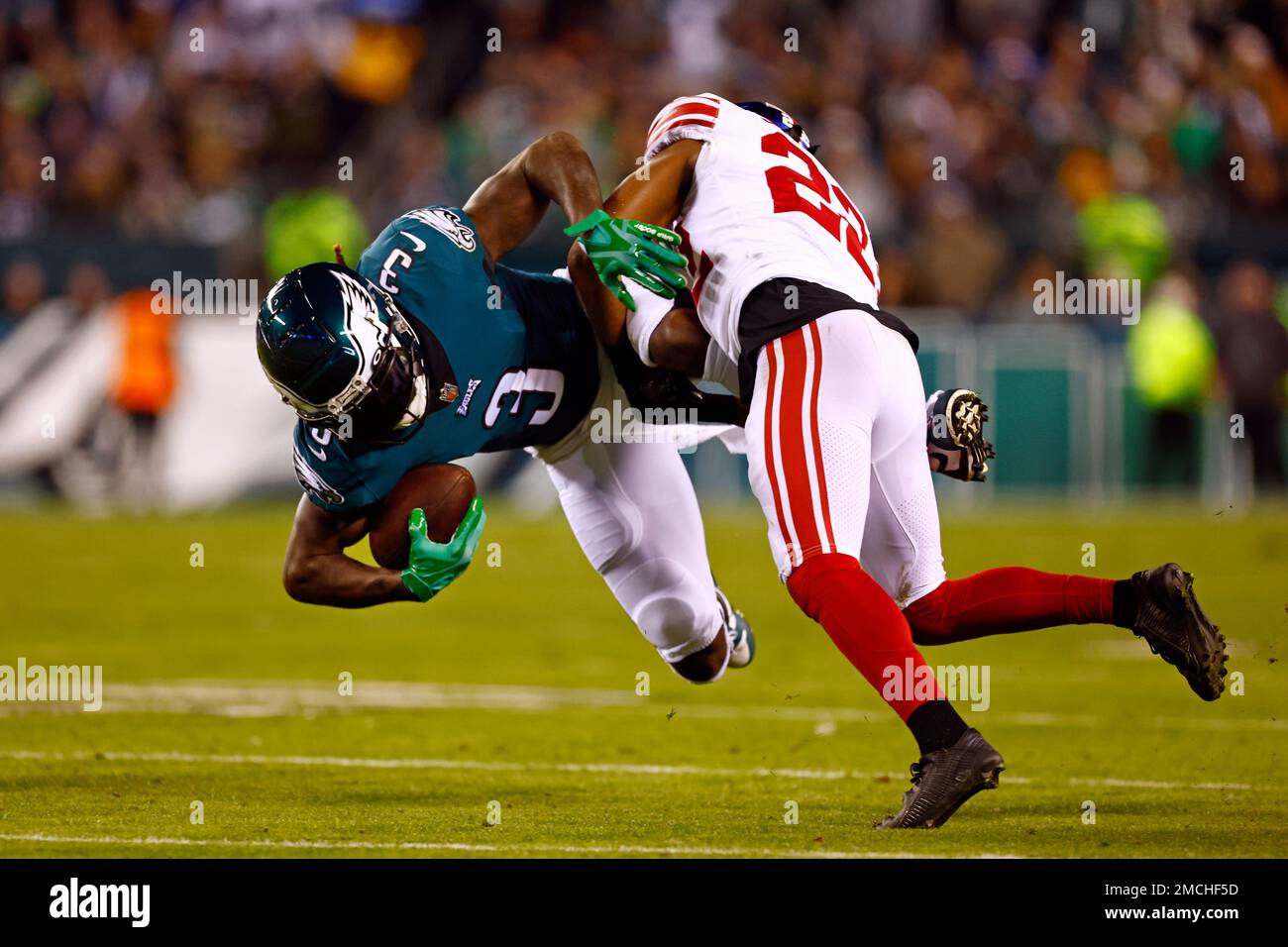 Philadelphia Eagles wide receiver Zach Pascal (3) is tackled by New York  Giants cornerback Adoree' Jackson (22) after making a catch during the  first half of an NFL divisional round playoff football