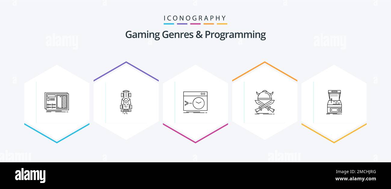 Gaming Genres And Programming 25 Line icon pack including viking. battle. racing. terminal. root Stock Vector