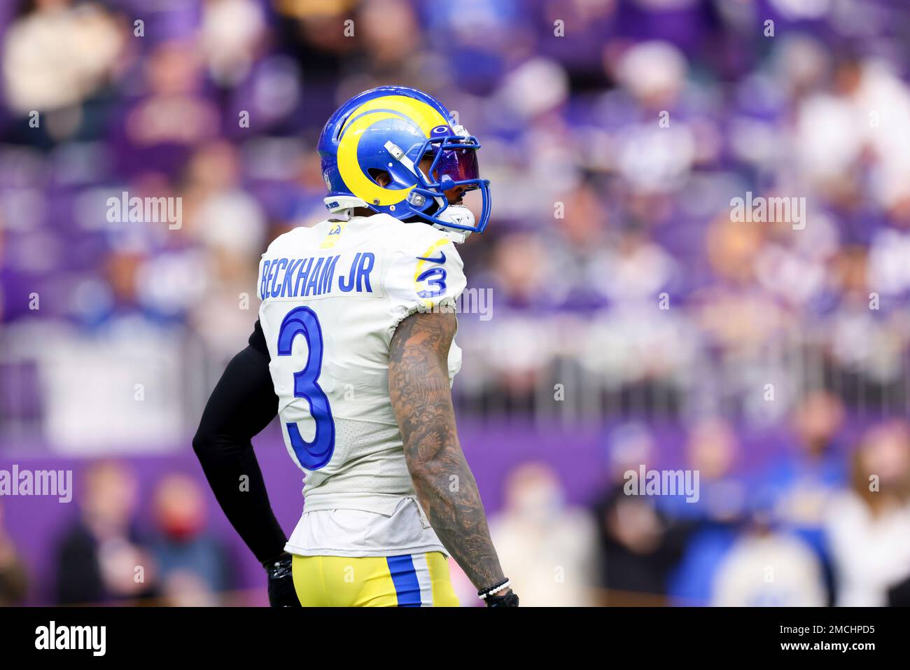 Los Angeles Rams wide receiver Odell Beckham Jr. (3) on the field during  pregame warmups prior to an NFL football game against the Minnesota Vikings,  Sunday, Dec. 26, 2021 in Minneapolis. (AP