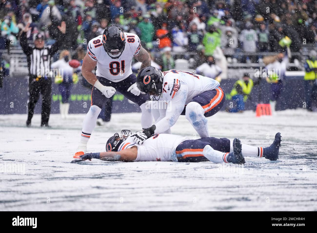 Chicago Bears running back David Montgomery, bottom, makes an attempt at a  snow angel as teammates J.P. Holtz (81) and Germain Ifedi (74) come forward  to congratulate him on his touchdown carry