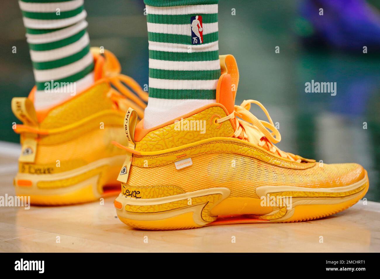 A detailed view of the shoes worn by Boston Celtics forward Jayson Tatum  (0) during the second half of an NBA basketball game against the Milwaukee  Bucks Saturday, Dec. 25, 2021, in
