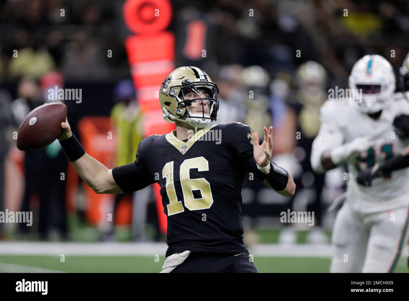 New Orleans Saints quarterback Ian Book (16) throws a pass against the