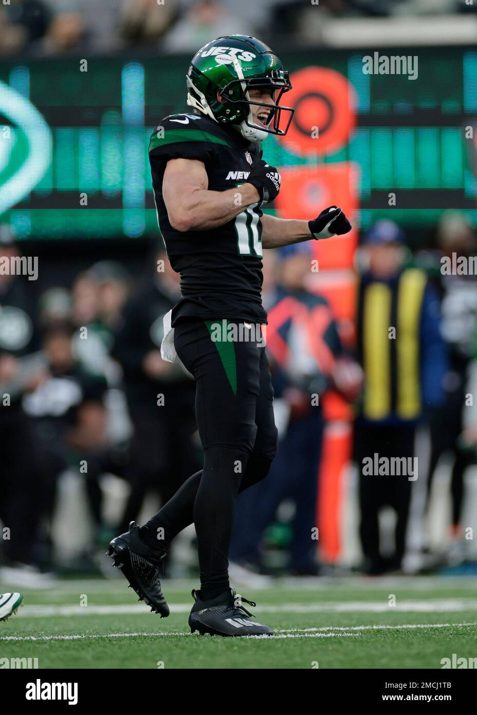 New York Jets wide receiver Braxton Berrios (10) reacts after a first ...