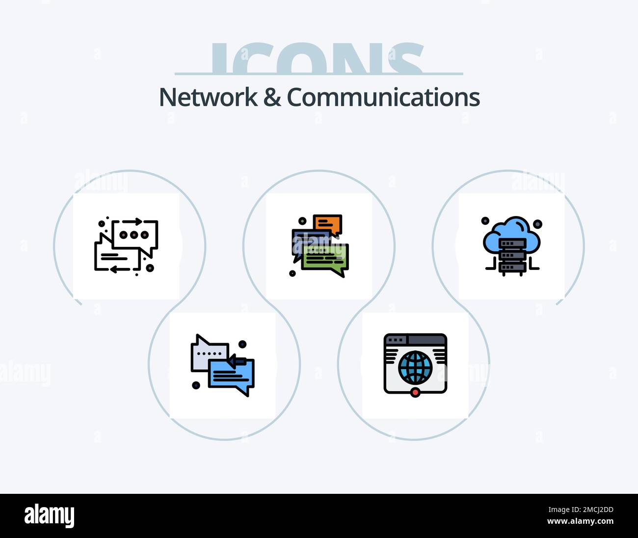 Network And Communications Line Filled Icon Pack 5 Icon Design. arrow. messages. map. chat. cinema Stock Vector