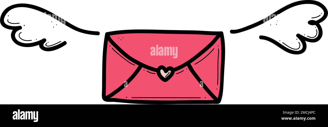 Hand drawn doodle of closed envelope with wings vector illustration. Email love messege concept for valentines day. Stock Vector