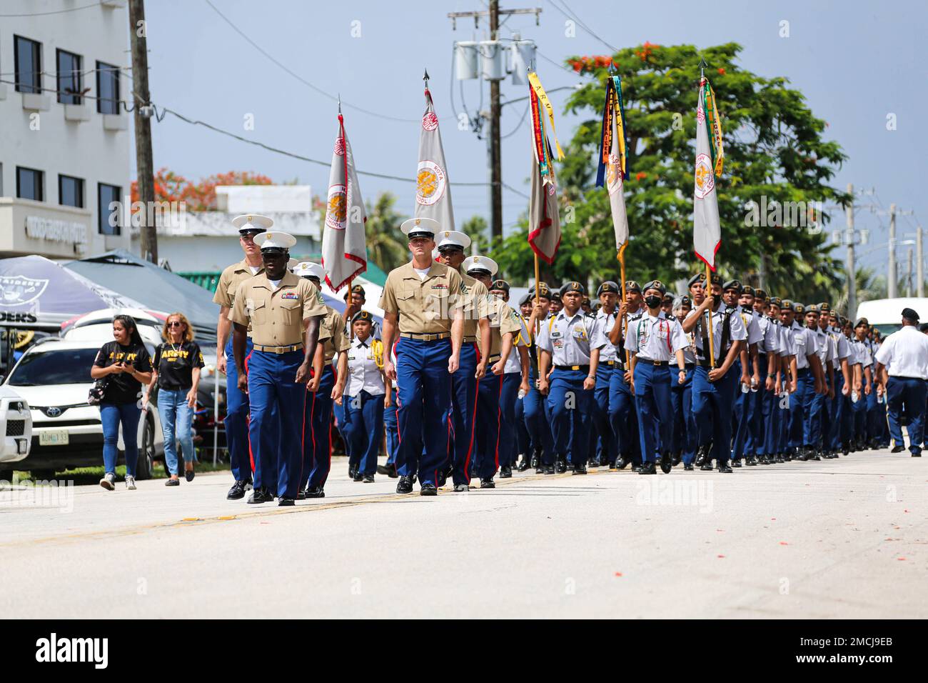 U.S. Marines assigned to Marine Corps Base Camp Blaz, participate in Saipan’s 76th Liberation Day parade held in Garapan, Saipan, July 4, 2022. Marines with the 2nd Marine Division, 4th Marine Division, and the Army’s 27th Infantry Division, participated in the Battle of Saipan lasting for 24 days from June 15 to July 9, 1944. Saipan’s Liberation Day commemorates the permanent closure of civilian internment camps on July 4, 1946. Stock Photo