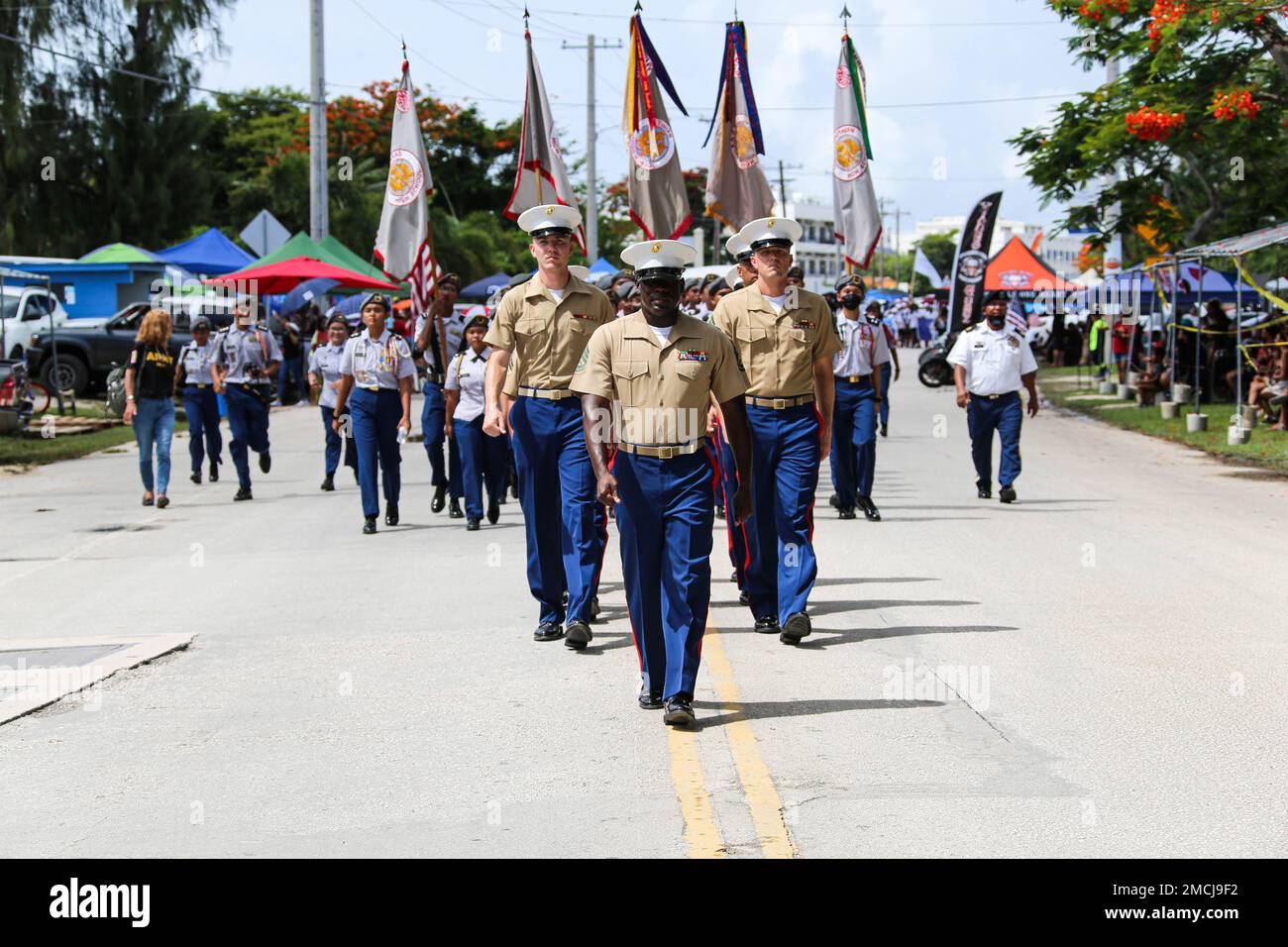 U.S. Marines assigned to Marine Corps Base Camp Blaz, participate in Saipan’s 76th Liberation Day parade held in Garapan, Saipan, July 4, 2022. Marines with the 2nd Marine Division, 4th Marine Division, and the Army’s 27th Infantry Division, participated in the Battle of Saipan lasting for 24 days from June 15 to July 9, 1944. Saipan’s Liberation Day commemorates the permanent closure of civilian internment camps on July 4, 1946. Stock Photo