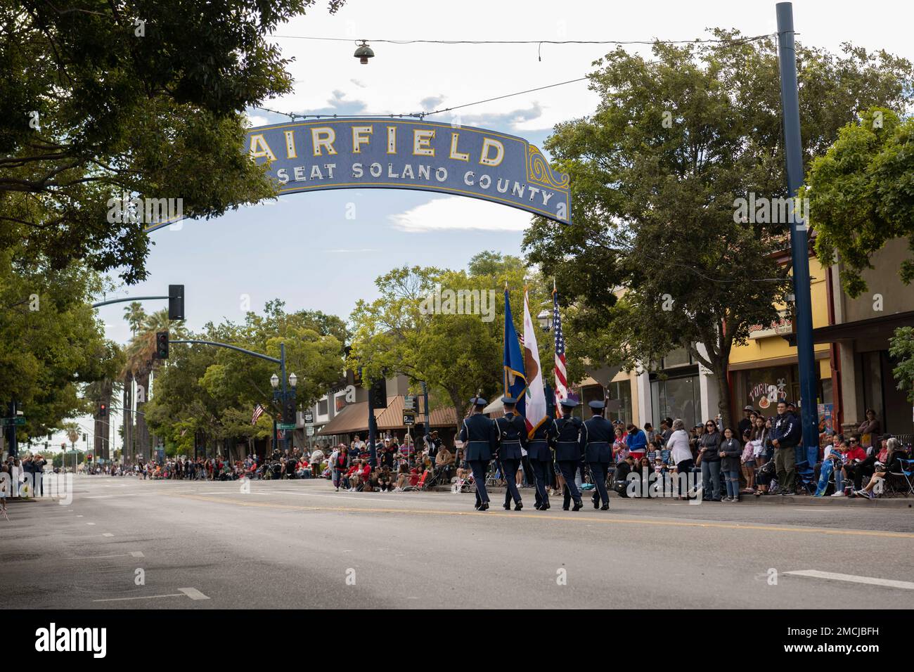 Travis Air Force Base Honor Guardsmen march in the “Independence Day Parade” in Fairfield, California, July 4, 2022. The Honor Guard mission is to support military funerals or community events involving presentations of the American flag. Stock Photo