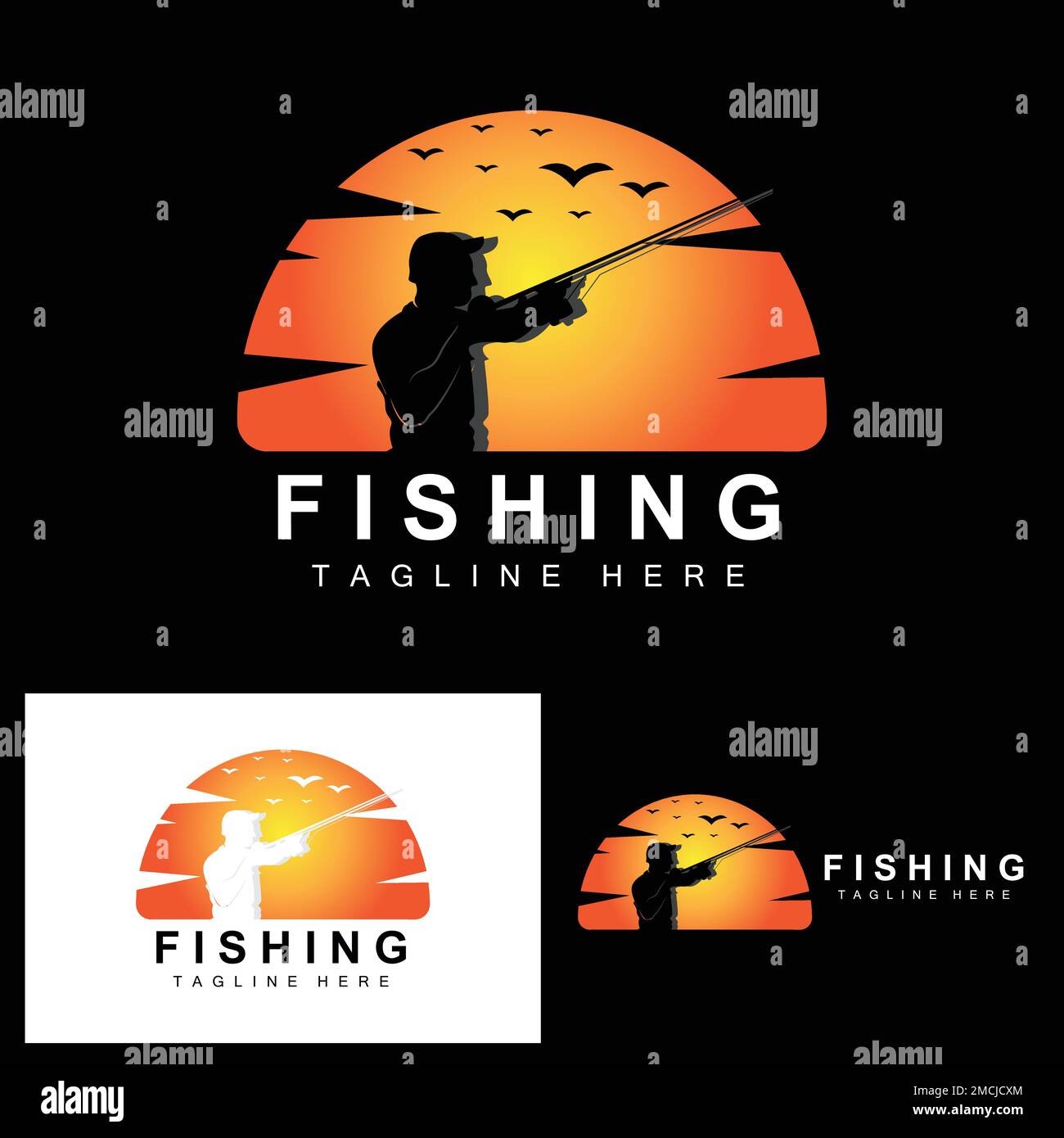 fishing logo icon vector, catch fish on the boat, outdoor sunset