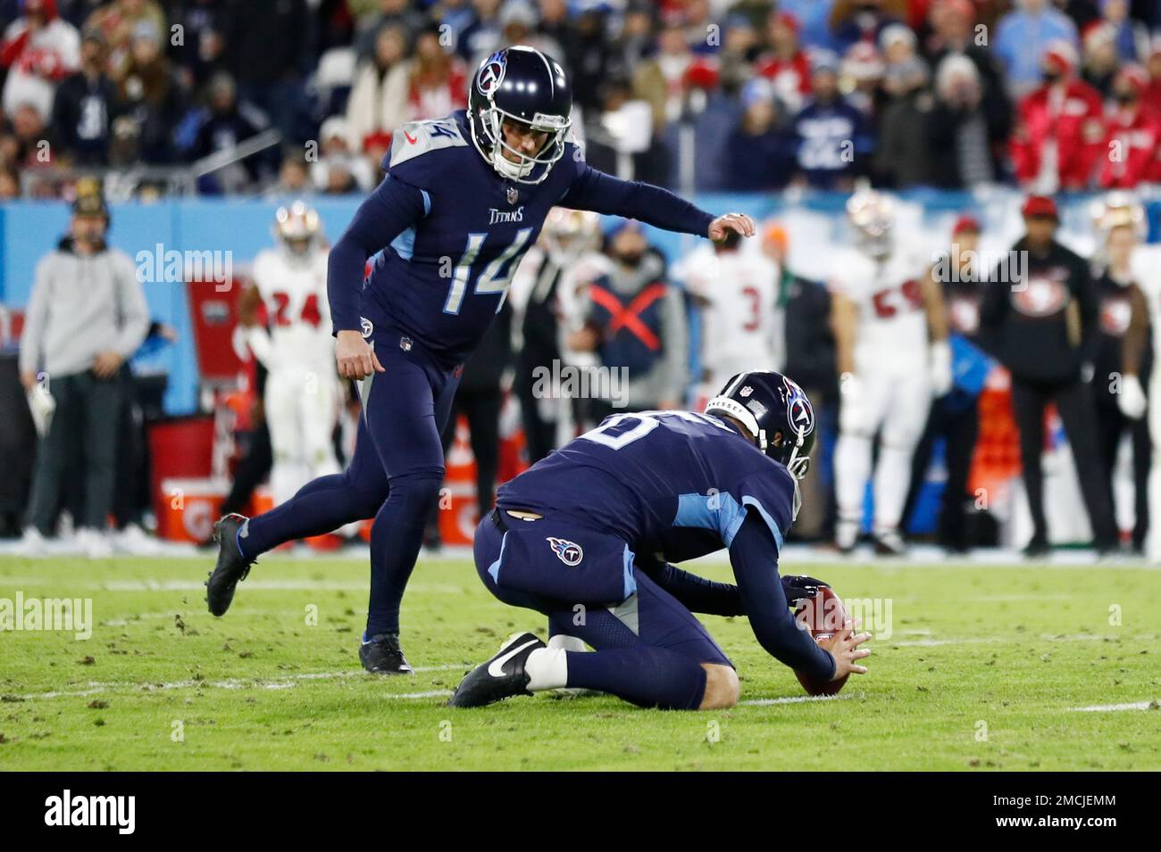 Tennessee Titans kick Randy Bullock (14) kicks a field goal during