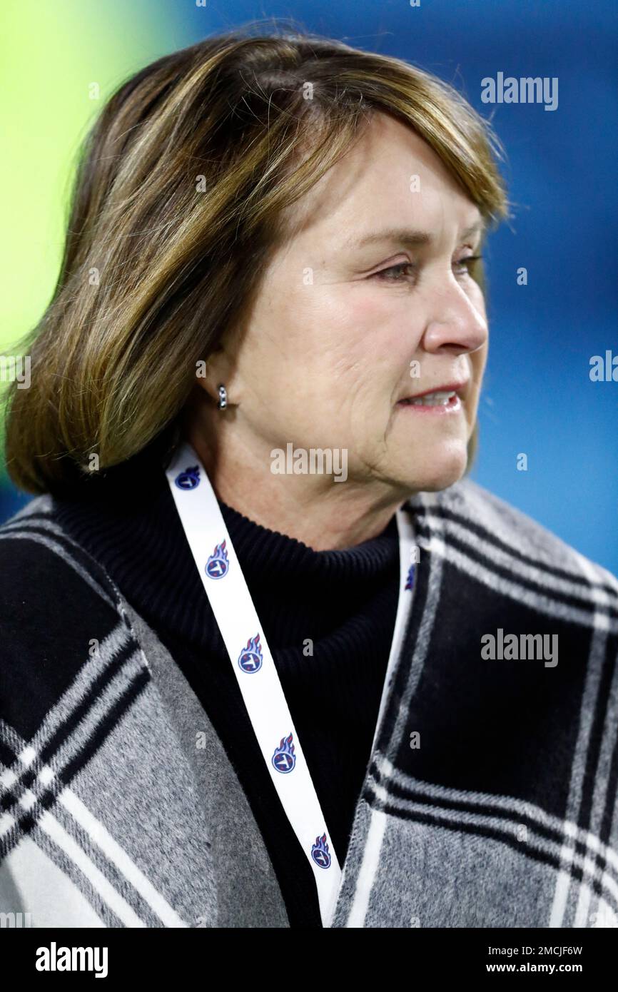 Tennessee Titans owner Amy Adams Strunk watches as players warm up before  an NFL football game between the Titans and the San Francisco 49ers  Thursday, Dec. 23, 2021, in Nashville, Tenn. (AP