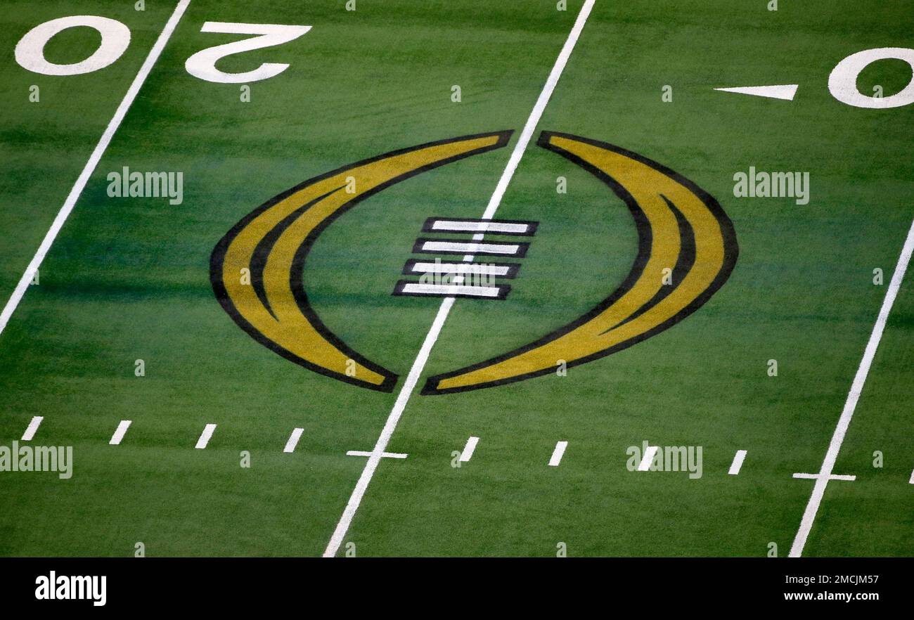 FILE The College Football Playoff Logo Is Shown On The Field At AT T file-the-college-football-playoff-logo-is-shown-on-the-field-at-at-t