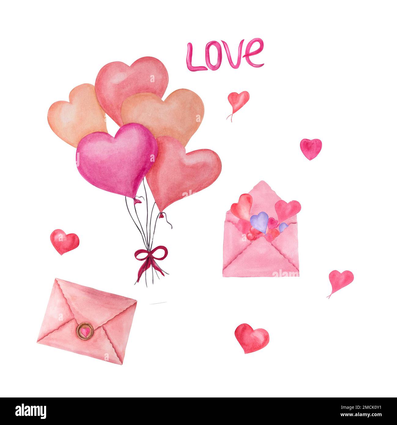 Watercolor pink envelope, ballons, hearts isolated on white background ...