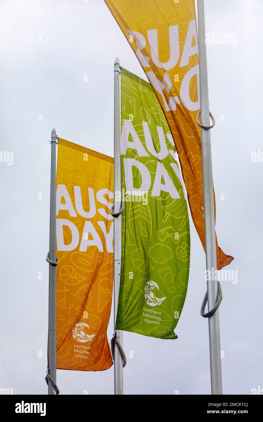 Sydney, Australia. Sunday 22nd January 2023 Manly Beach Sydney, Northern Beaches council has erected banners and flyers in Manly Beach to promoter the forthcoming Australia Day, held on 26th January each year, Australia Day is a national holiday to celebrate Australia and also recognises the 1788 landing of the first fleet at Sydney Cove, controversially some name it Invasion Day, Credit: martin berry/Alamy Live News Stock Photo