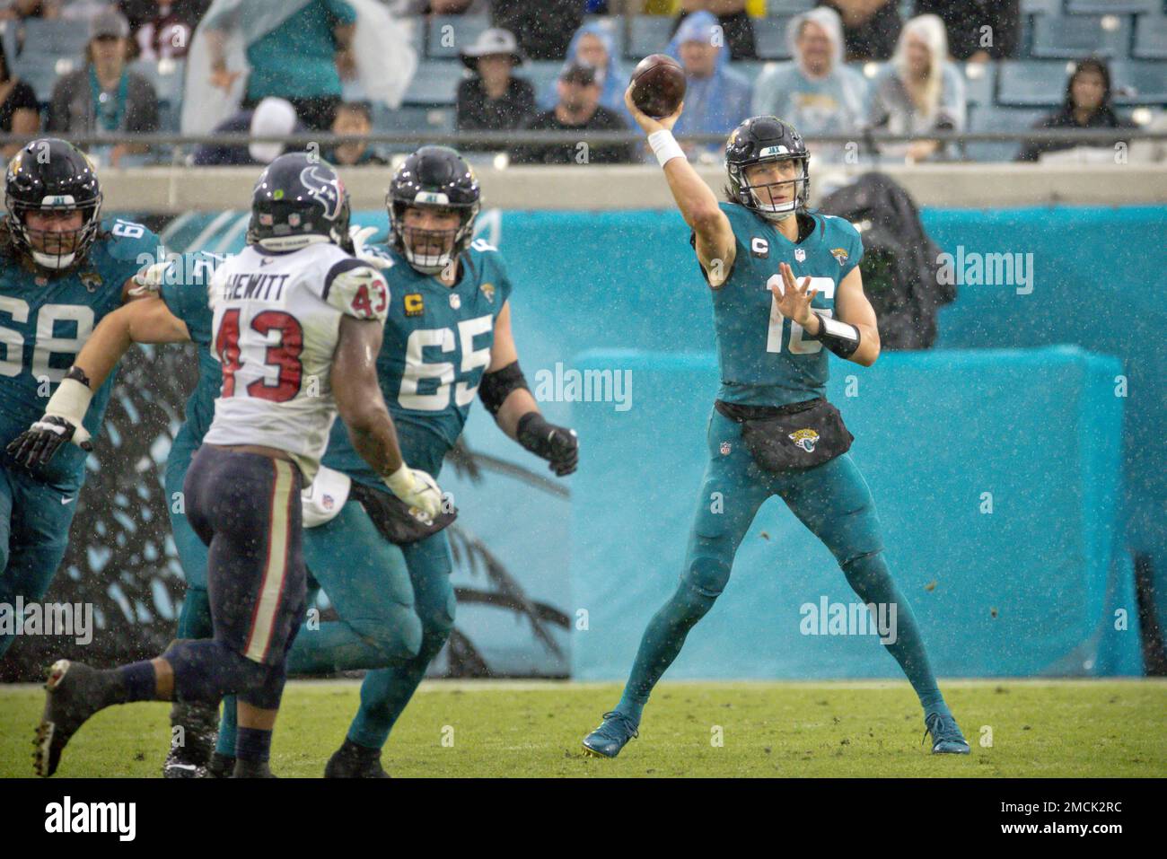 Jacksonville Jaguars quarterback Trevor Lawrence looks for a receiver  against the Houston Texans during the second half of an NFL football game,  Sunday, Dec. 19, 2021, in Jacksonville, Fla. (AP Photo/Phelan M.