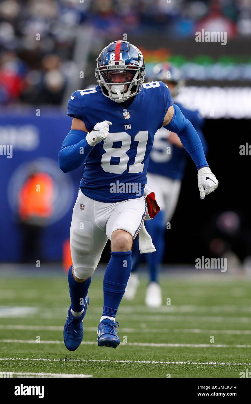 New York Giants wide receiver Alex Bachman (81) runs up the field during an  NFL football game against the Dallas Cowboys, Sunday, Dec. 19, 2021, in  East Rutherford, N.J. The Dallas Cowboys