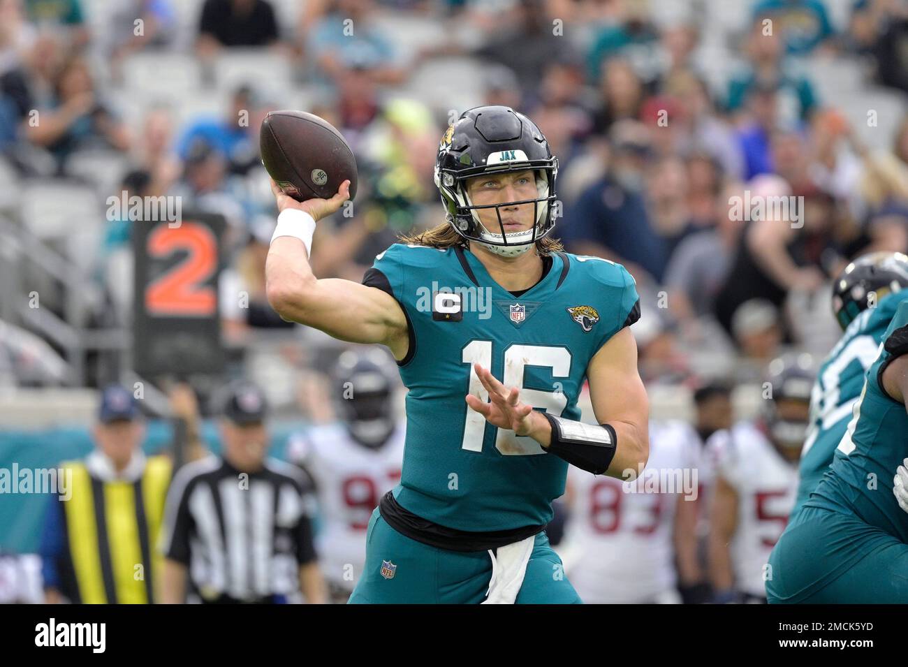 Jacksonville Jaguars quarterback Trevor Lawrence (16) throws a pass during  an NFL International Series game against the Miami Dolphins at Tottenham  Hotspur Stadium, Sunday, Oct. 17, 2021, in London, United Kingdom. The