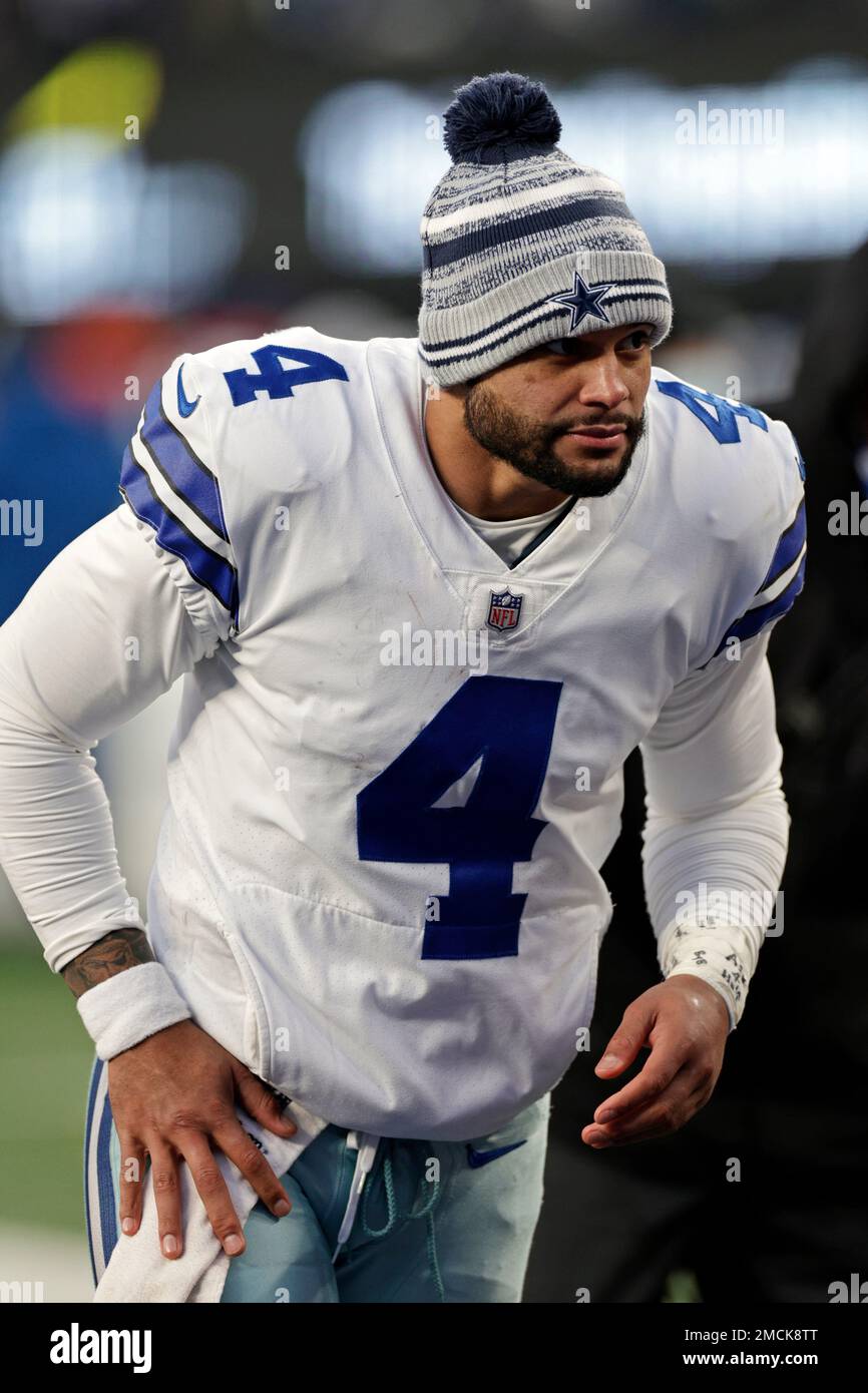 Dallas Cowboys quarterback Dak Prescott stands in the end zone before the  start of an NFL football game against the New York Giants in Arlington,  Texas, Sunday, Oct. 10, 2021. (AP Photo/Roger