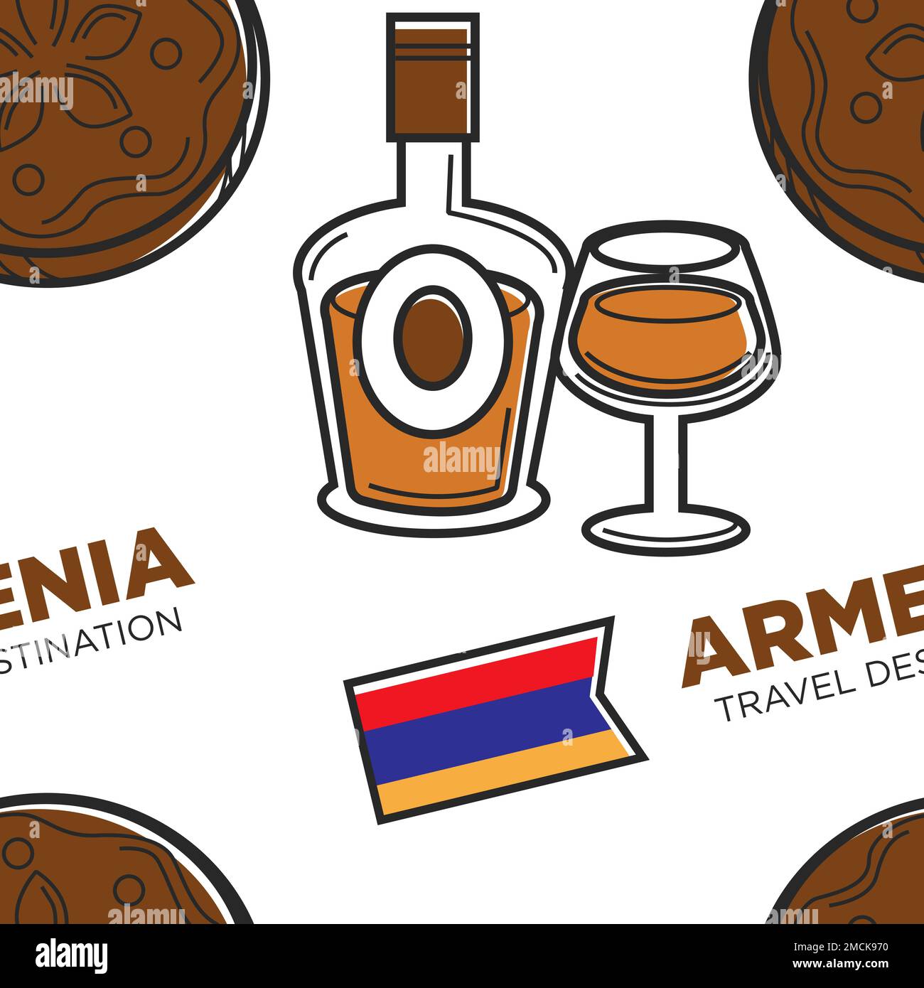 Alcohol drink Armenia travel destination traditional beverage seamless pattern vector cognac or Armenian vodka Artsakh and pastry or bun national flag Stock Vector