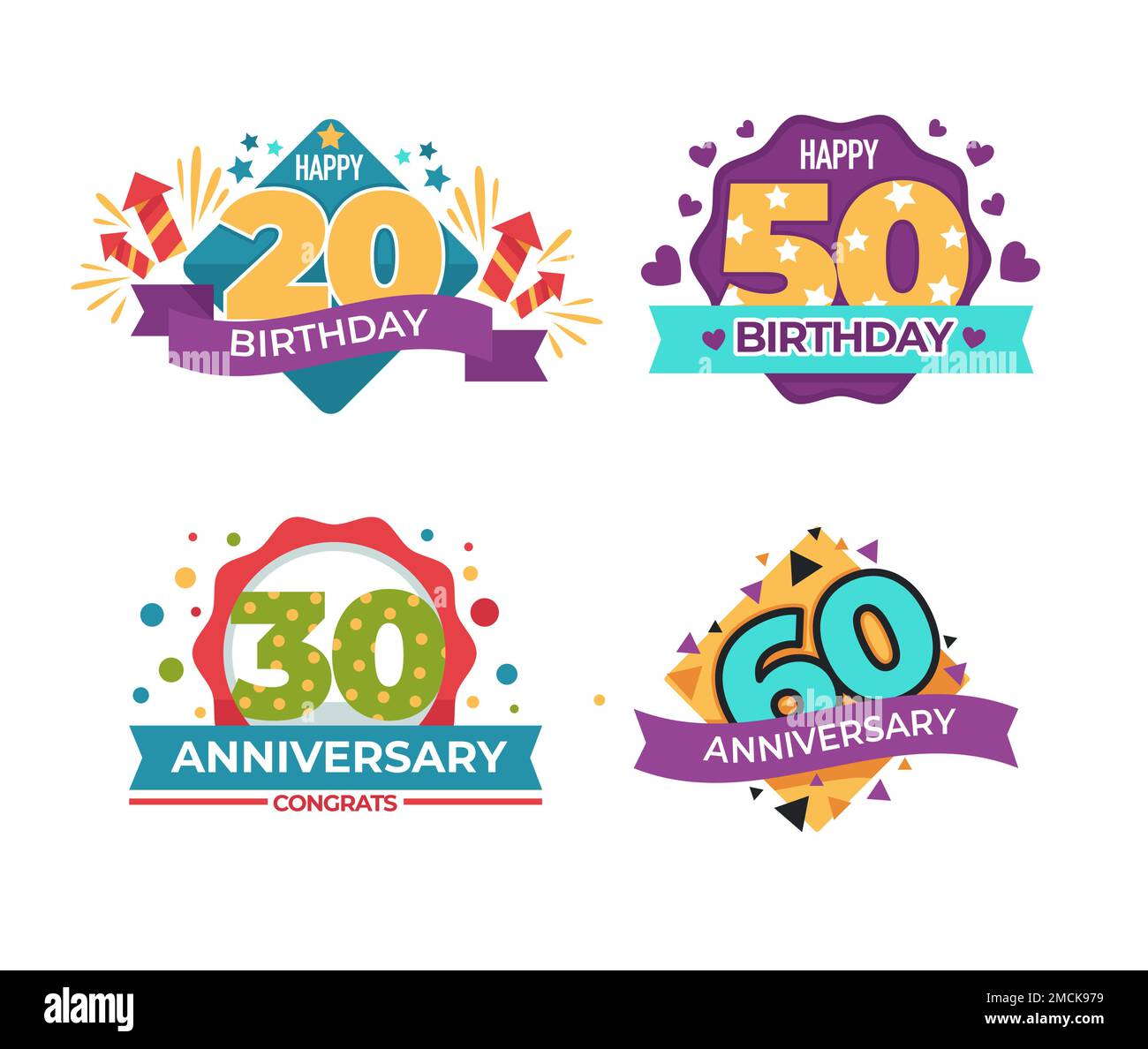 Greeting birthday and anniversary isolated icons vector fireworks and