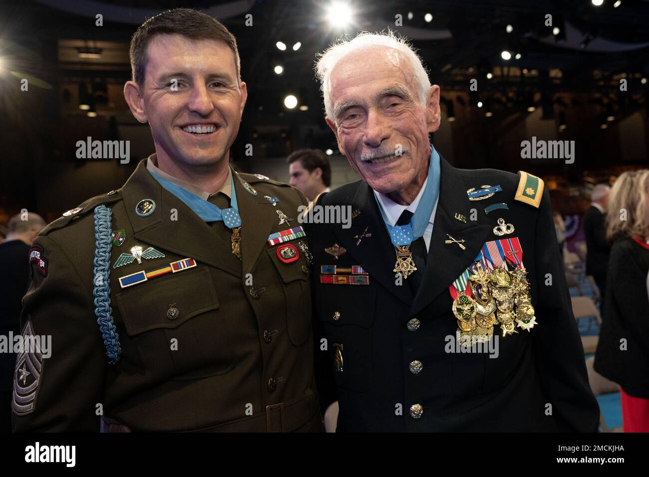 Medal of Honor recipients Army Sgt. Maj. Thomas P. Payne and retired