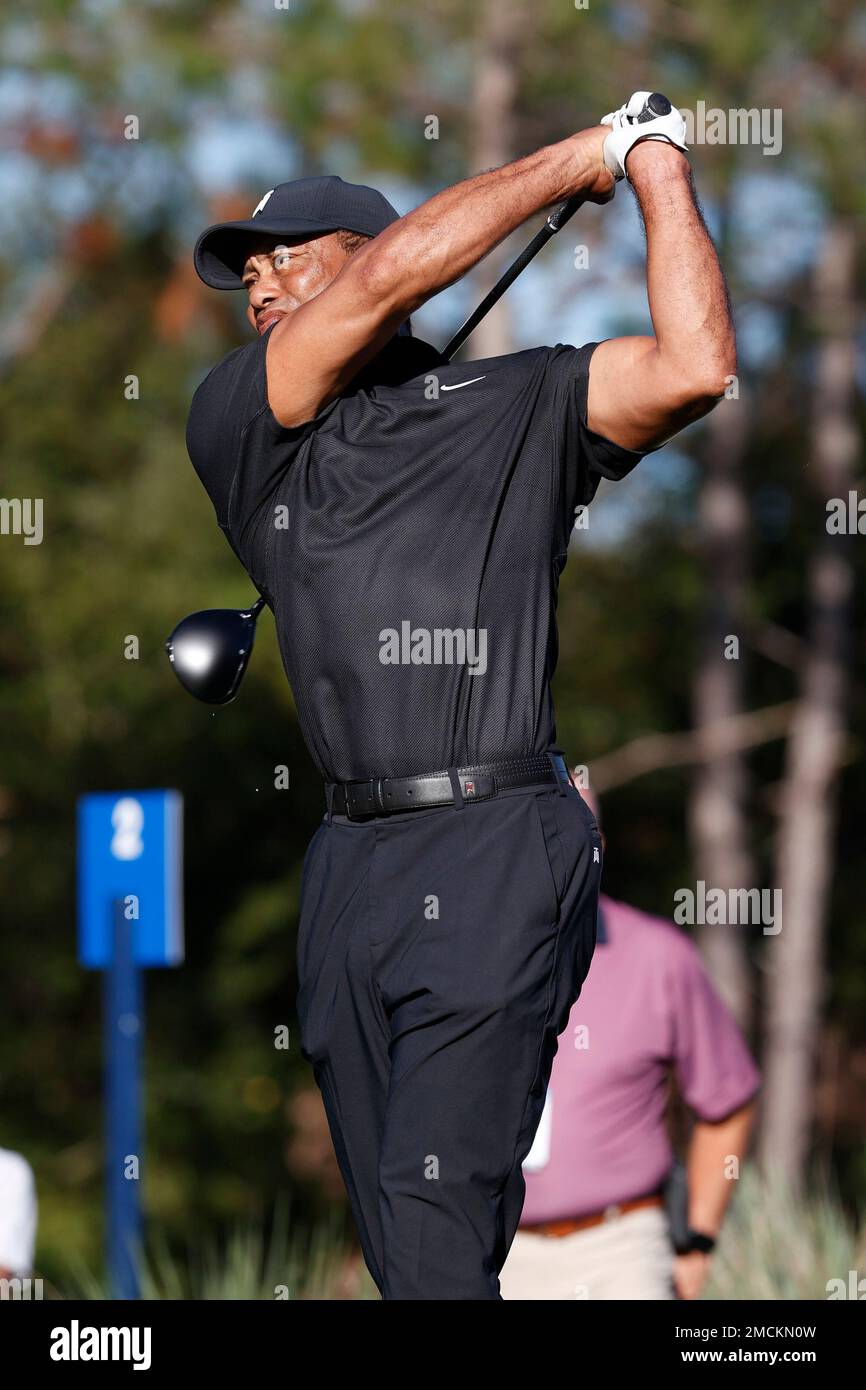 Tiger woods Tess off during the Pro-Am of the PNC Championship golf tournament Friday, Dec. 17, 2021, in Orlando, Fla