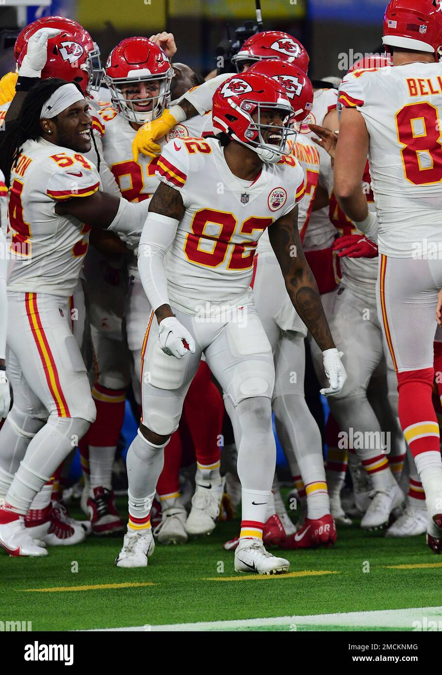 Kansas City Chiefs wide receiver Daurice Fountain (82) celebrates in the  end zone after the Chiefs defeated the Los Angeles Chargers in overtime of  a game played on Thursday, December 16, 2021