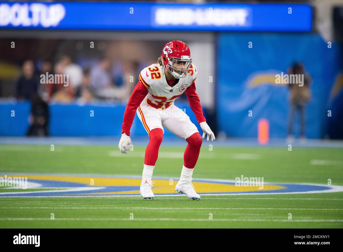 Kansas City Chiefs free safety Tyrann Mathieu (32) takes his stance during  an NFL football game against the Los Angeles Chargers Thursday, Dec. 16,  2021, in Inglewood, Calif. (AP Photo/Kyusung Gong Stock