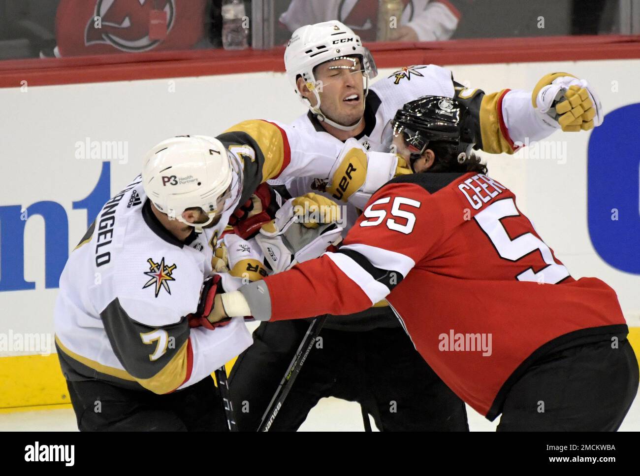 New Jersey Devils defenseman Mason Geertsen (55) fights with Vegas Golden  Knights defensemen Alex Pietrangelo (7) and Brayden McNabb (3) during the  third period of an NHL hockey game Thursday, Dec.16, 2021,