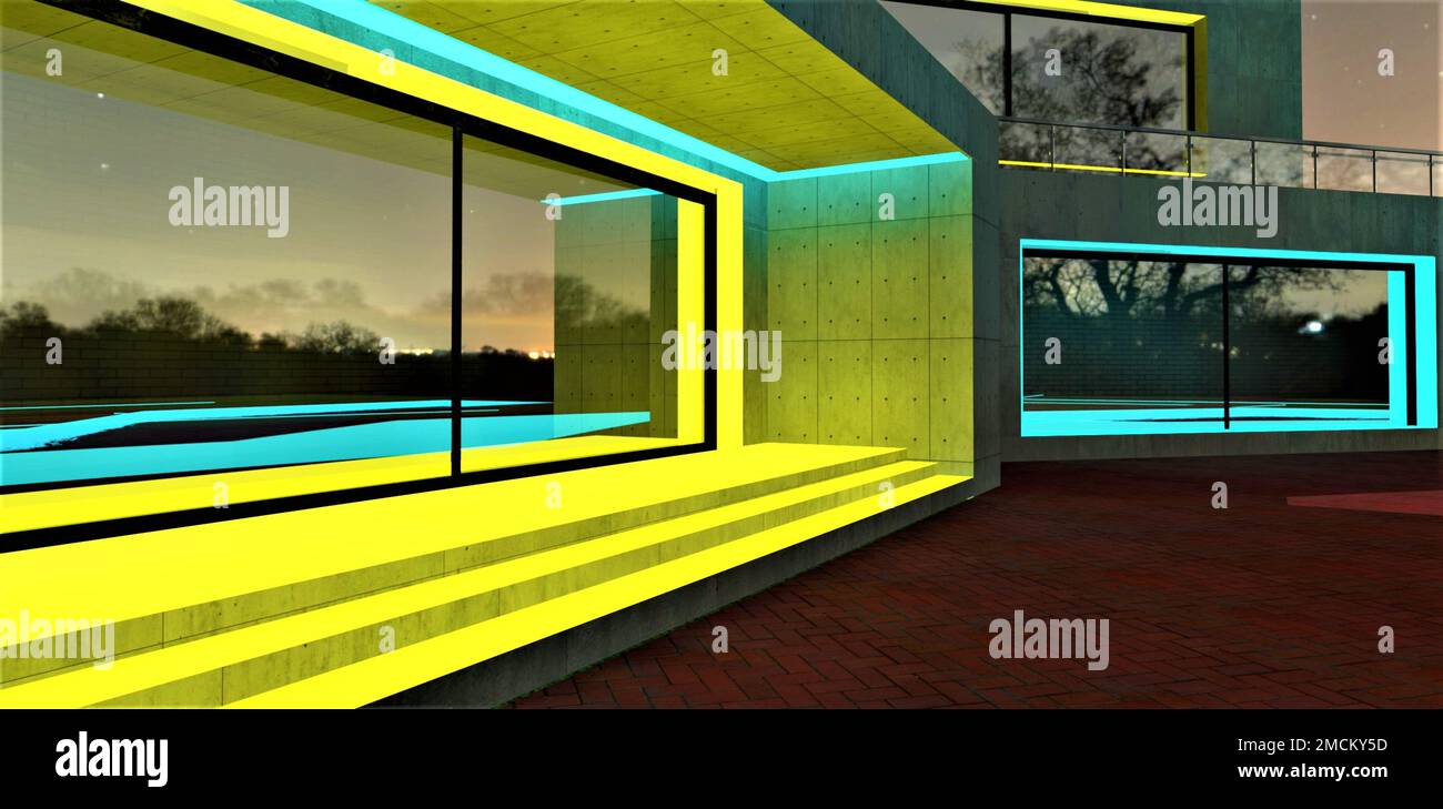Exclusive design of the porch illuminated in yellow at night time. Long ...