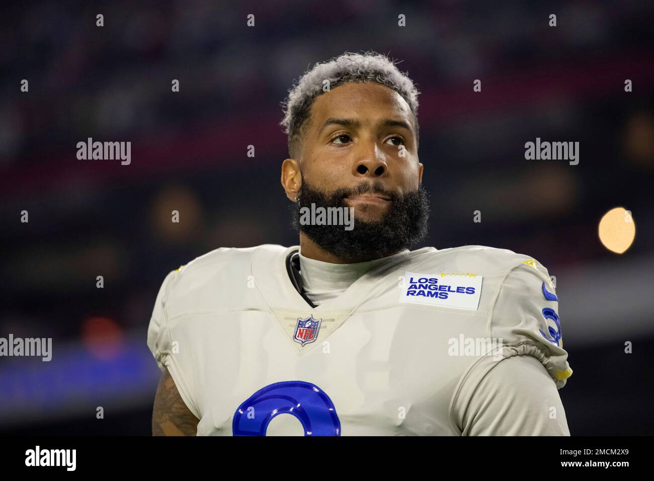 Wide receiver (3) Odell Beckham Jr. of the Los Angeles Rams stands for the  National Anthem before playing against the Arizona Cardinals in an NFL  football game, Monday, Dec. 13, 2021, in
