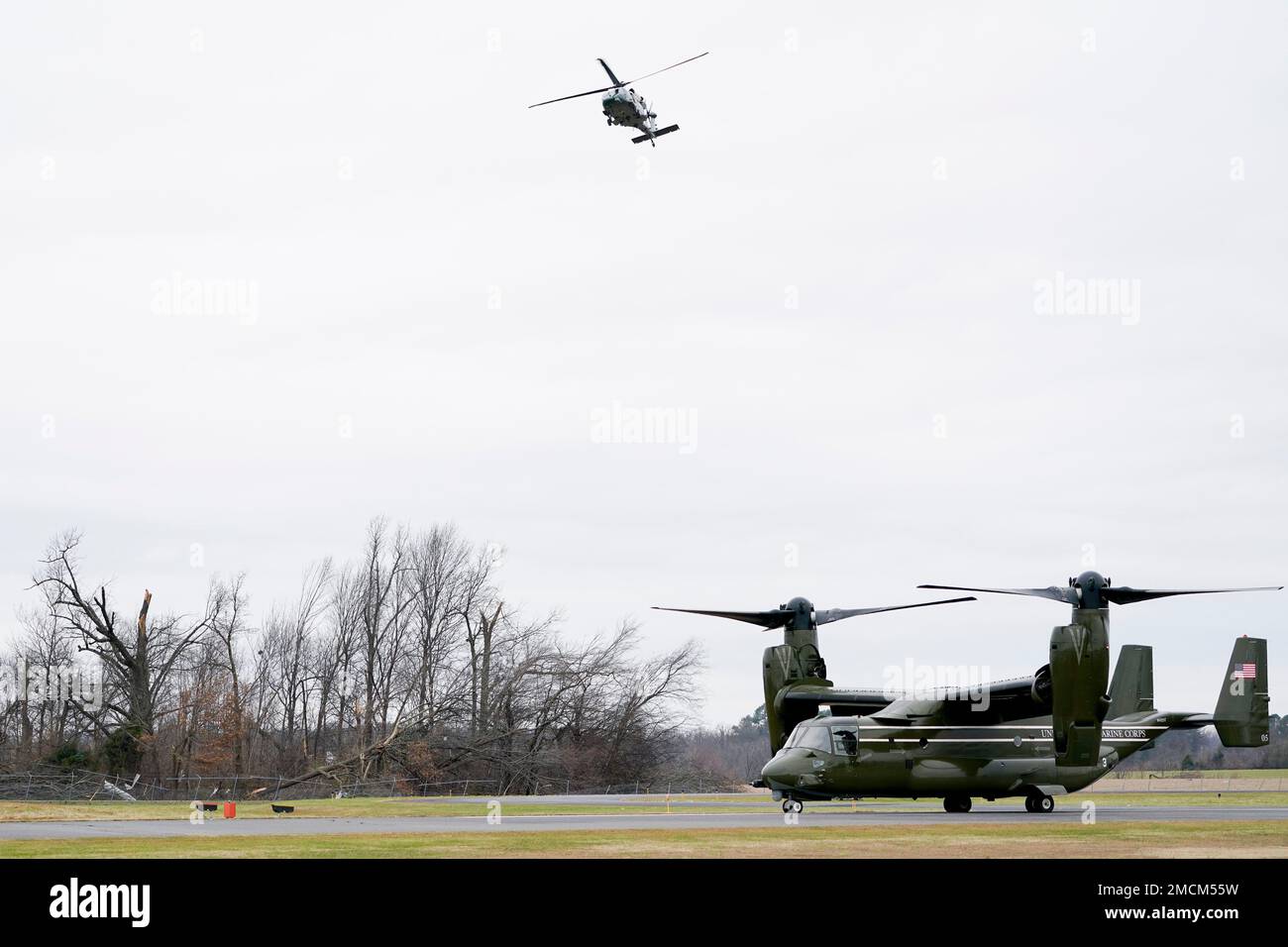 Marine One with President Joe Biden aboard arrives at Mayfield Graves