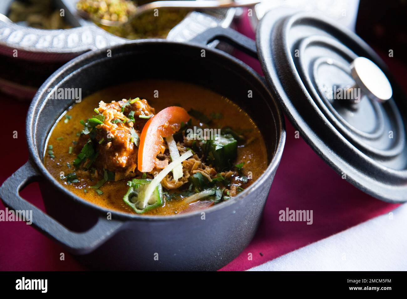 Mulligatawny is an Indian dish that is very similar to a soup. In Tamil the word 'mulligatawny' translates as watery pepper. Stock Photo