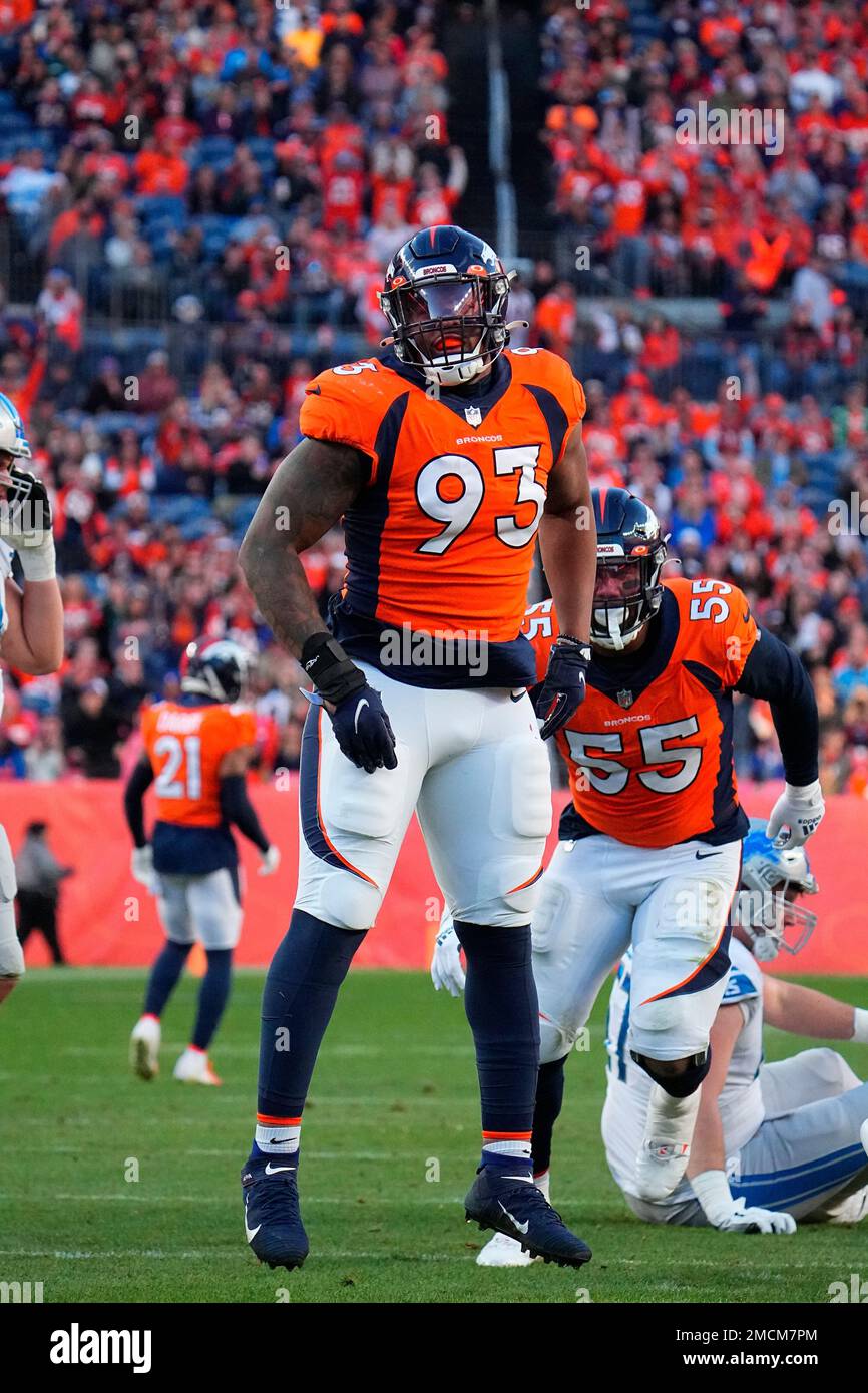 Denver, USA. October 23, 2022: Denver Broncos defensive end Dre'Mont Jones  (93) waits a for a replay review in the first half of the football game  between the Denver Broncos and New