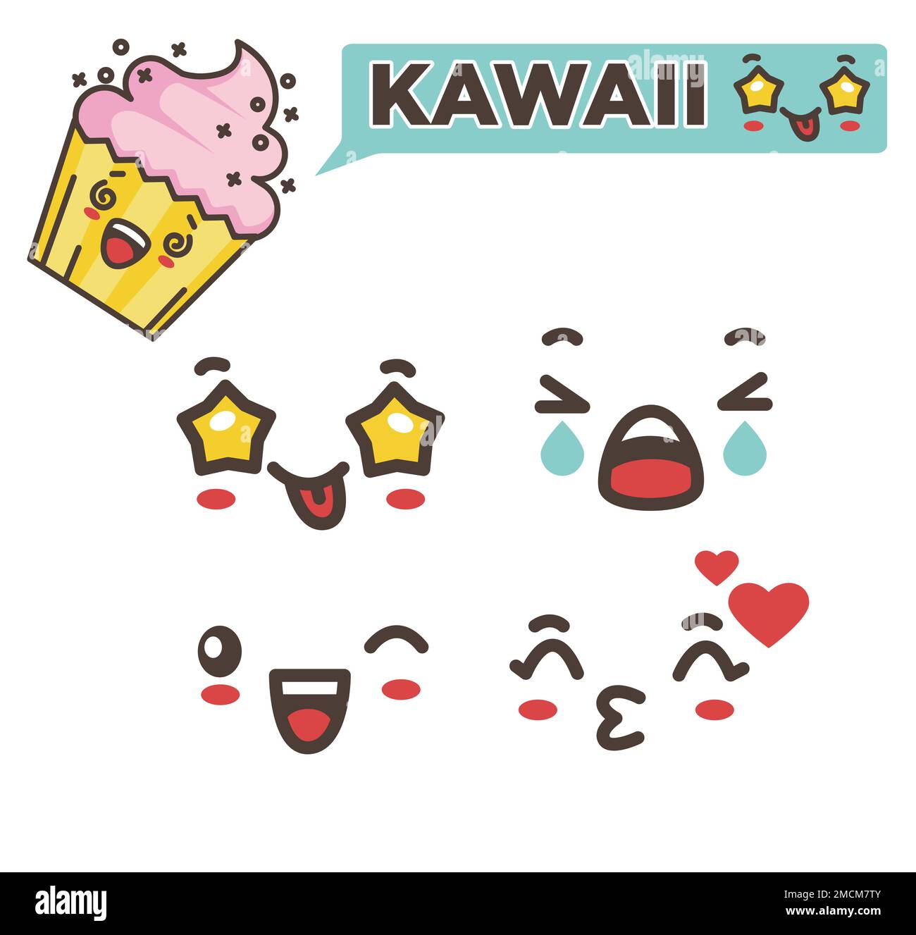 Strawberry cream cupcake kawaii emoji isolated stickers Stock Vector