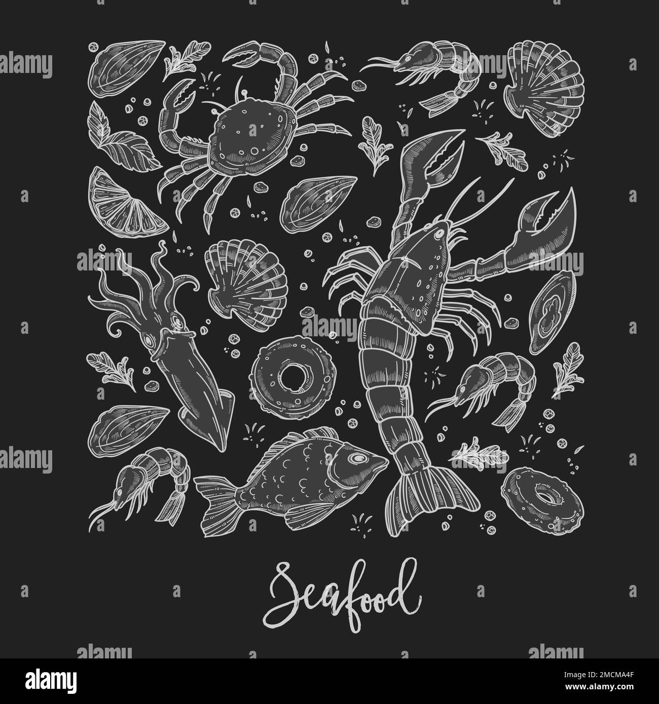 Seafood chalk sketch fish and lobster restaurant or cafe menu Stock