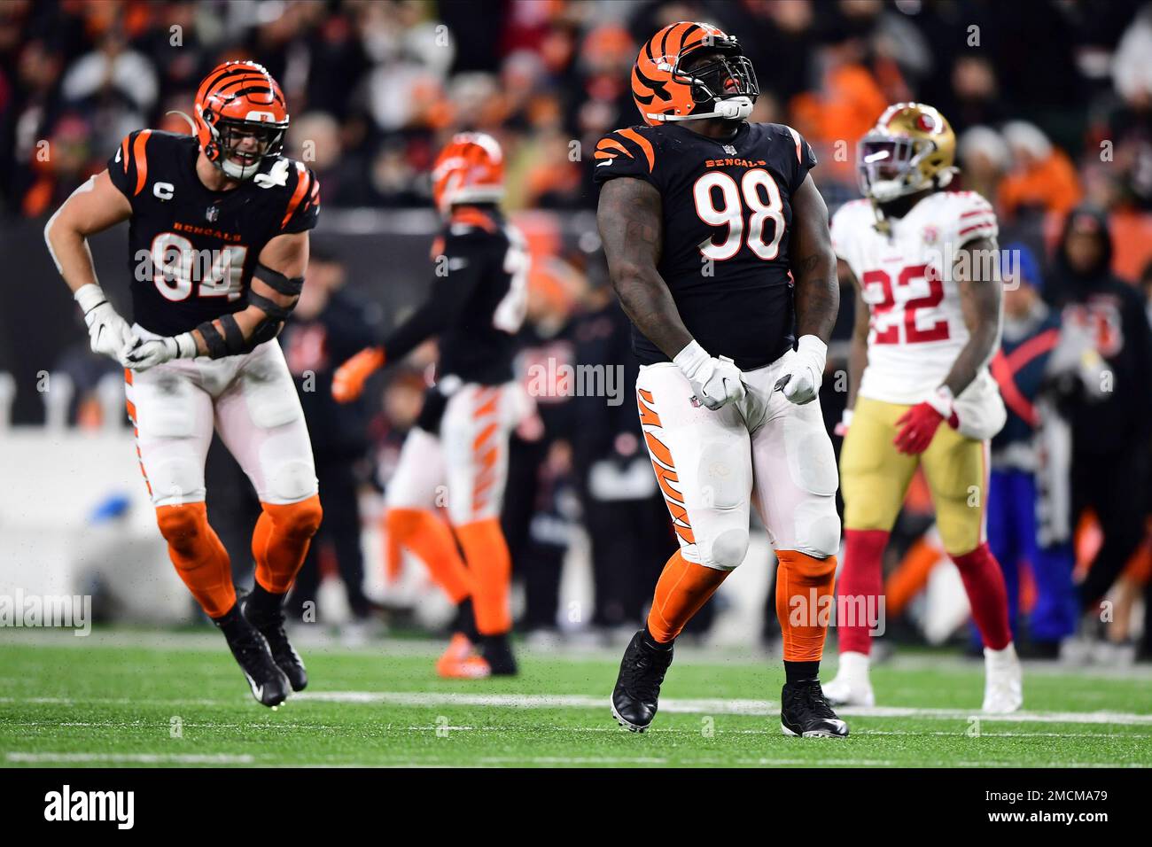 Cincinnati Bengals nose tackle D.J. Reader (98) celebrates after a play  during the NFL Super Bowl