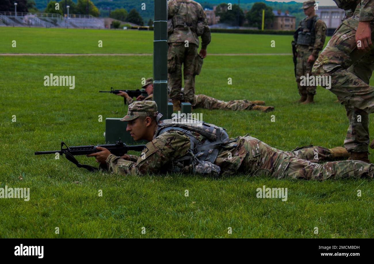 New Cadets practice how to properly aim the M4 Carbine at the Plain on