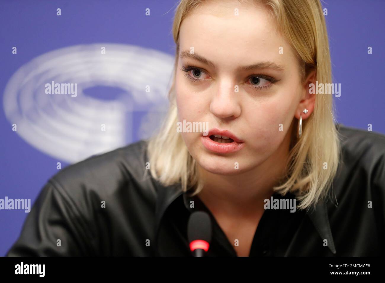 Daria Navalnaya, the daughter of jailed Russian opposition leader Alexei  Navalny, speaks at the European Parliament in Strasbourg, eastern France,  Tuesday, Dec.14, 2021. Daria Navalnaya will receive Wednesday the Sakharov  Prize for