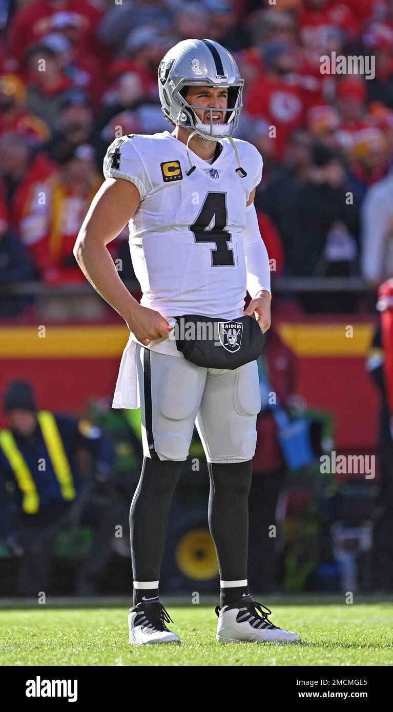 Las Vegas Raiders quarterback Derek Carr looks on during the