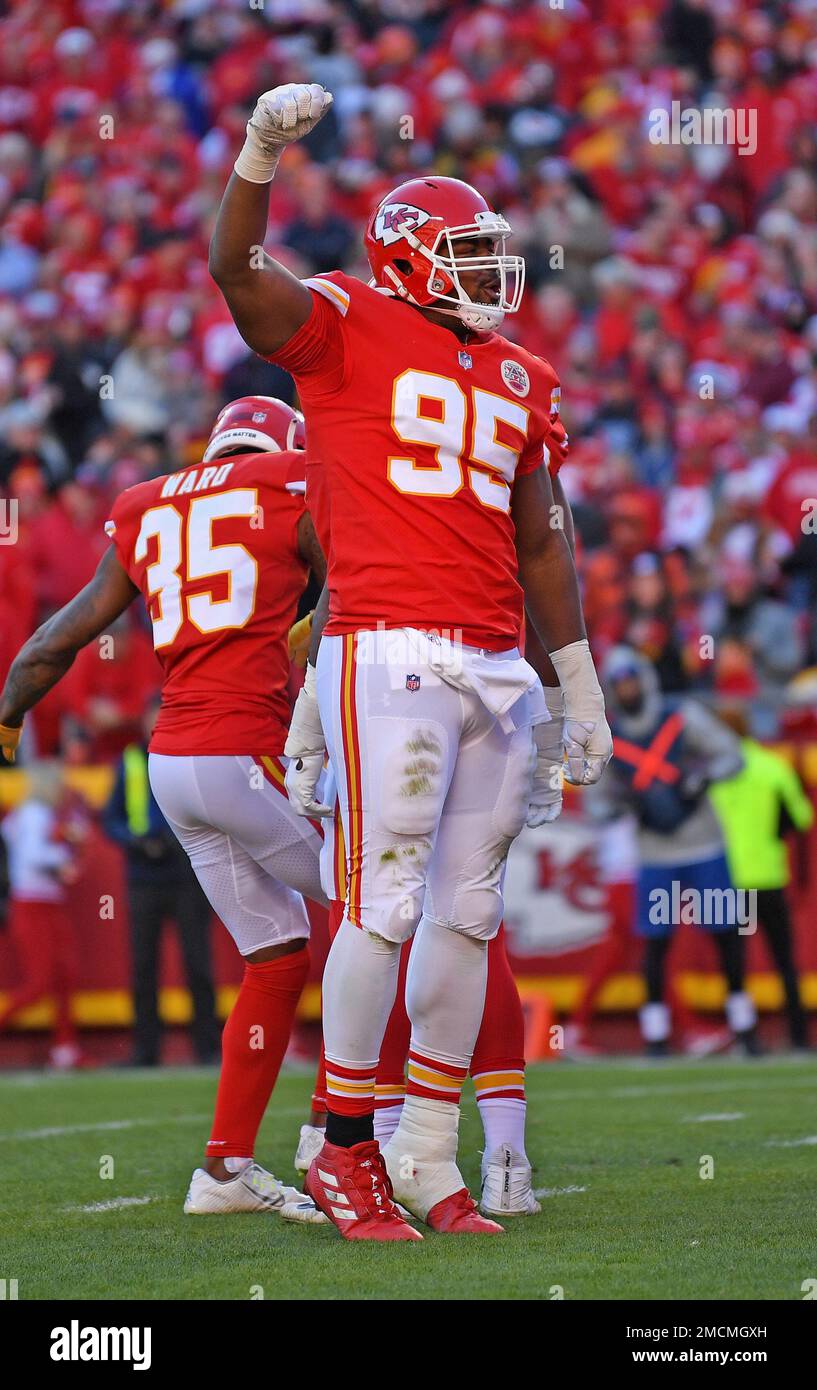 Kansas City Chiefs defensive end Chris Jones (95) reacts to the crowd  during an NFL football