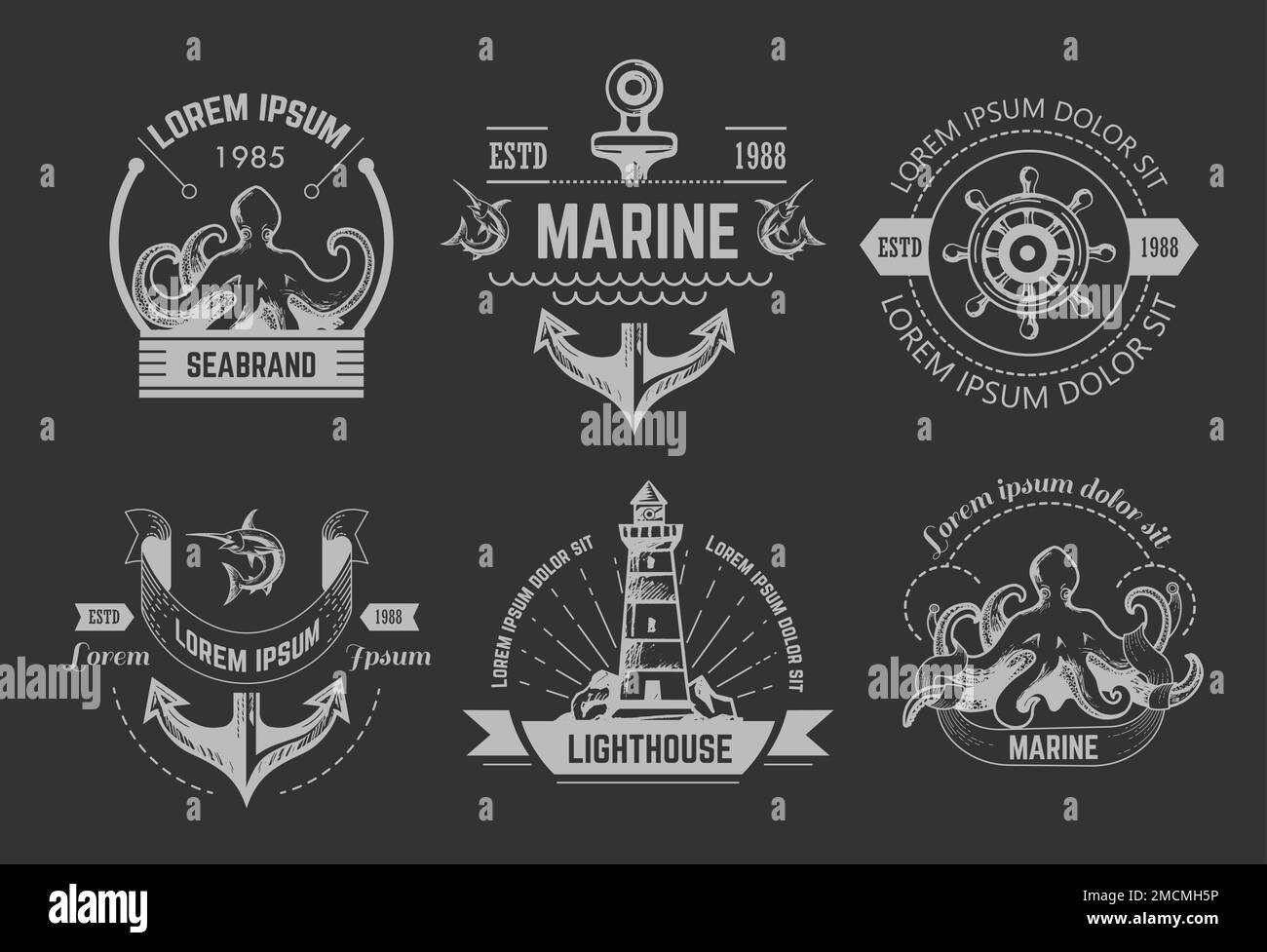 Nautical or marine symbols isolated icons octopus and anchor Stock ...