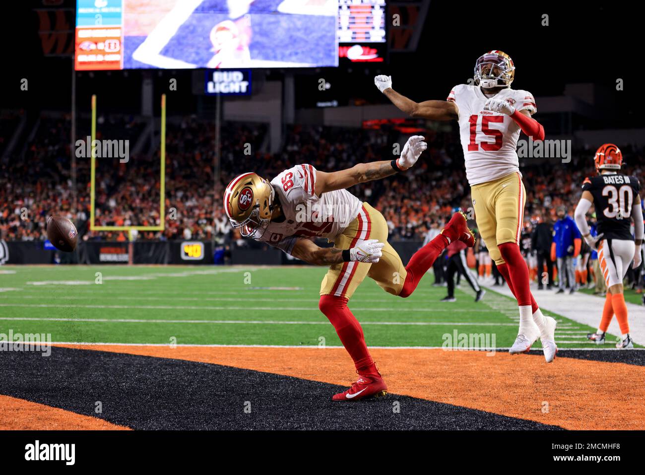 San Francisco 49ers tight end George Kittle (85) spikes the ball after  scoring a touchdown along side wide receiver Jauan Jennings (15) during an  NFL football game against the Cincinnati Bengals, Sunday