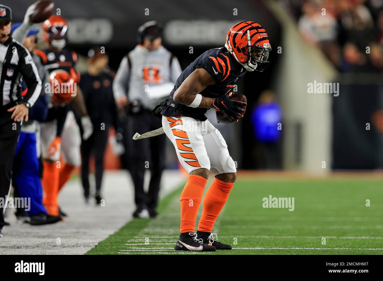 Cincinnati Bengals wide receiver Ja'Marr Chase (1) celebrates after a catch  during an NFL football game against the San Francisco 49ers, Sunday, Dec.  12, 2021, in Cincinnati. San Francisco won 26-23 in