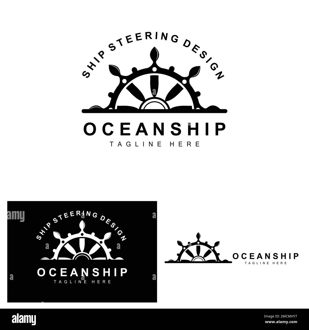 Ship Steering Logo, Ocean Icons Ship Steering Vector With Ocean Waves, Sailboat Anchor And Rope, Company Brand Sailing Design Stock Vector