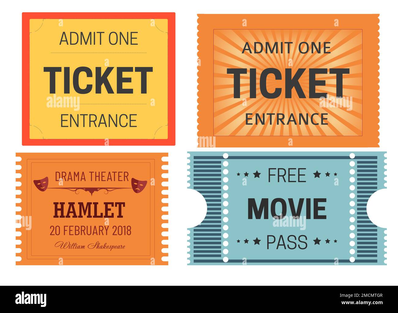 Cinema and theater ticket admission or paper pass vector play or movie