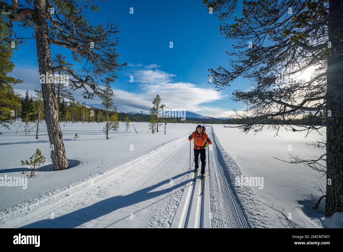 Ski touring near Pallastunturi fell, Muonio, Lapland, Finland Stock Photo