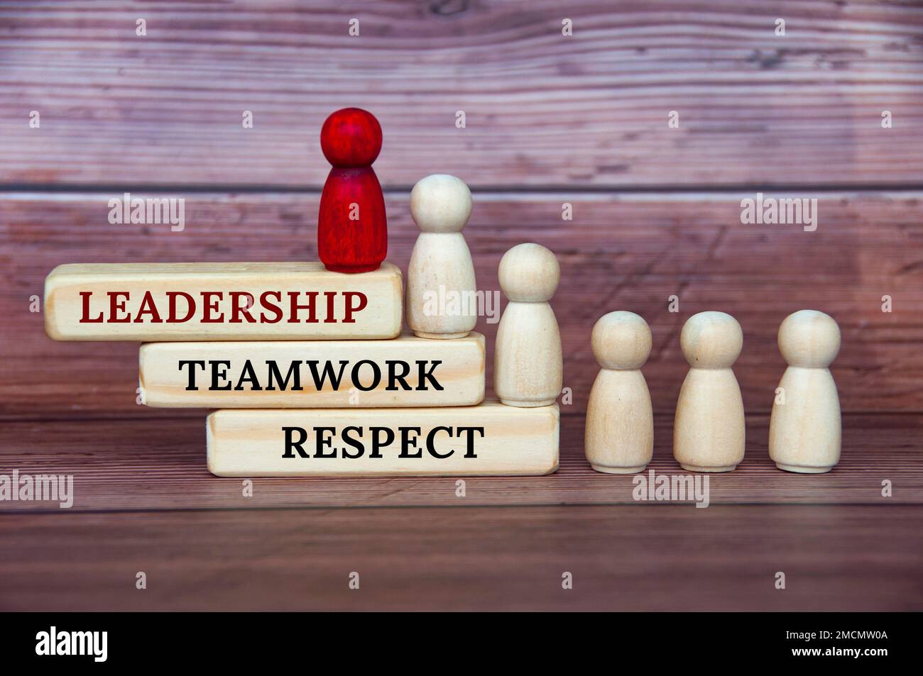 Leadership concept - Leadership, teamwork and respect text on wooden blocks with red and white doll figure on wooden cover background. Stock Photo