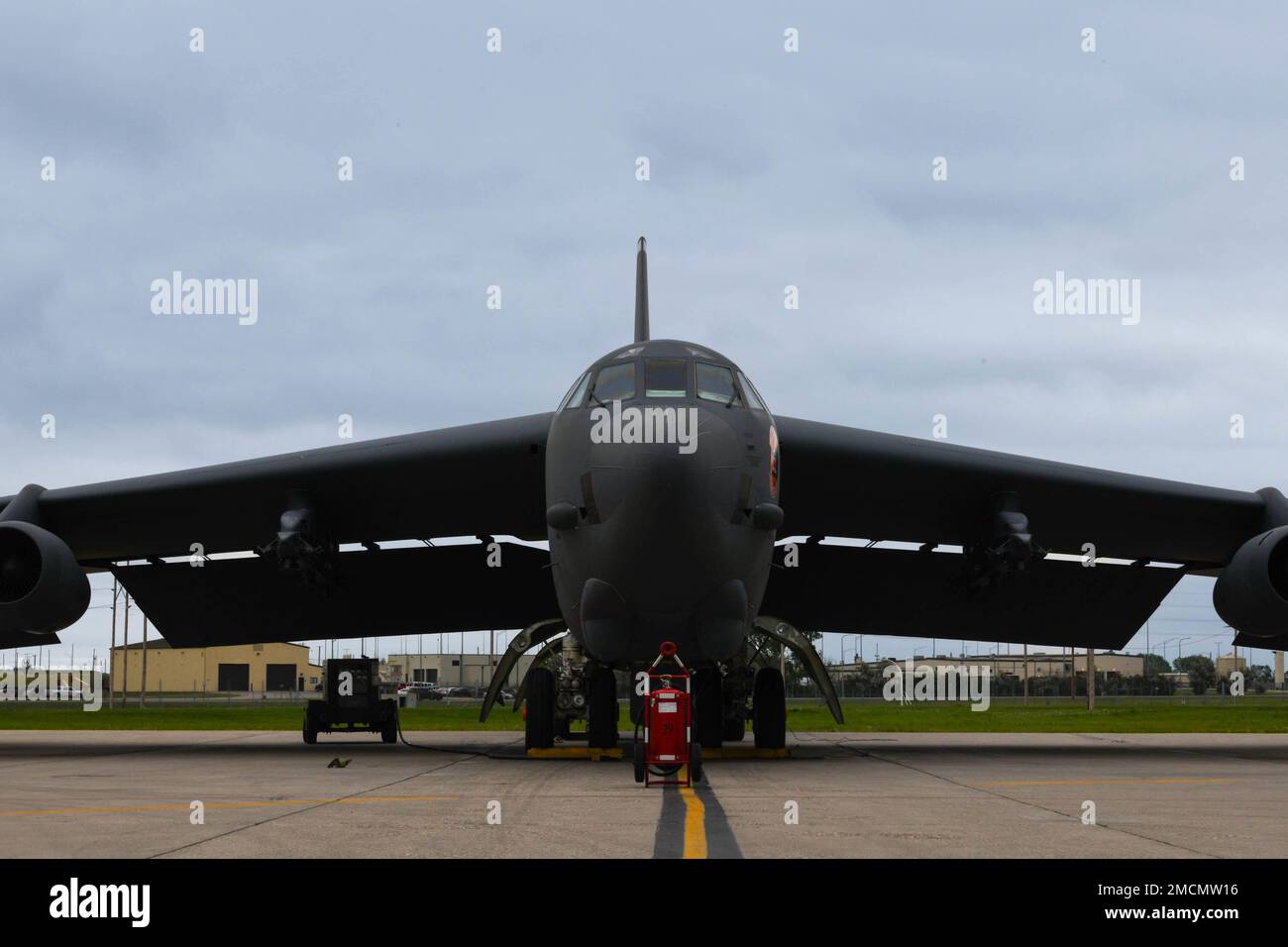 A B52H Stratofortress sits on the runway on Minot Air Force base, North