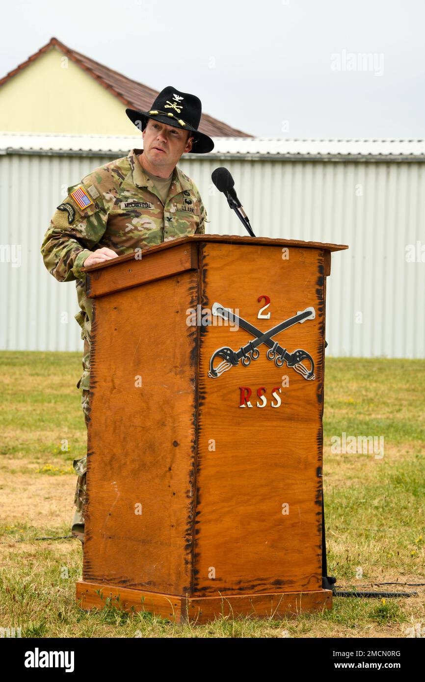 U.S. Army Col. Robert McChrystal speaks during the Regimental Support Squadron change of command ceremony where Lt. Col. Christopher Richardson relinquished command of the squadron to Lt. Col. Keith Brown Jr. at Rose Barracks, Germany, July 7, 2022. Stock Photo